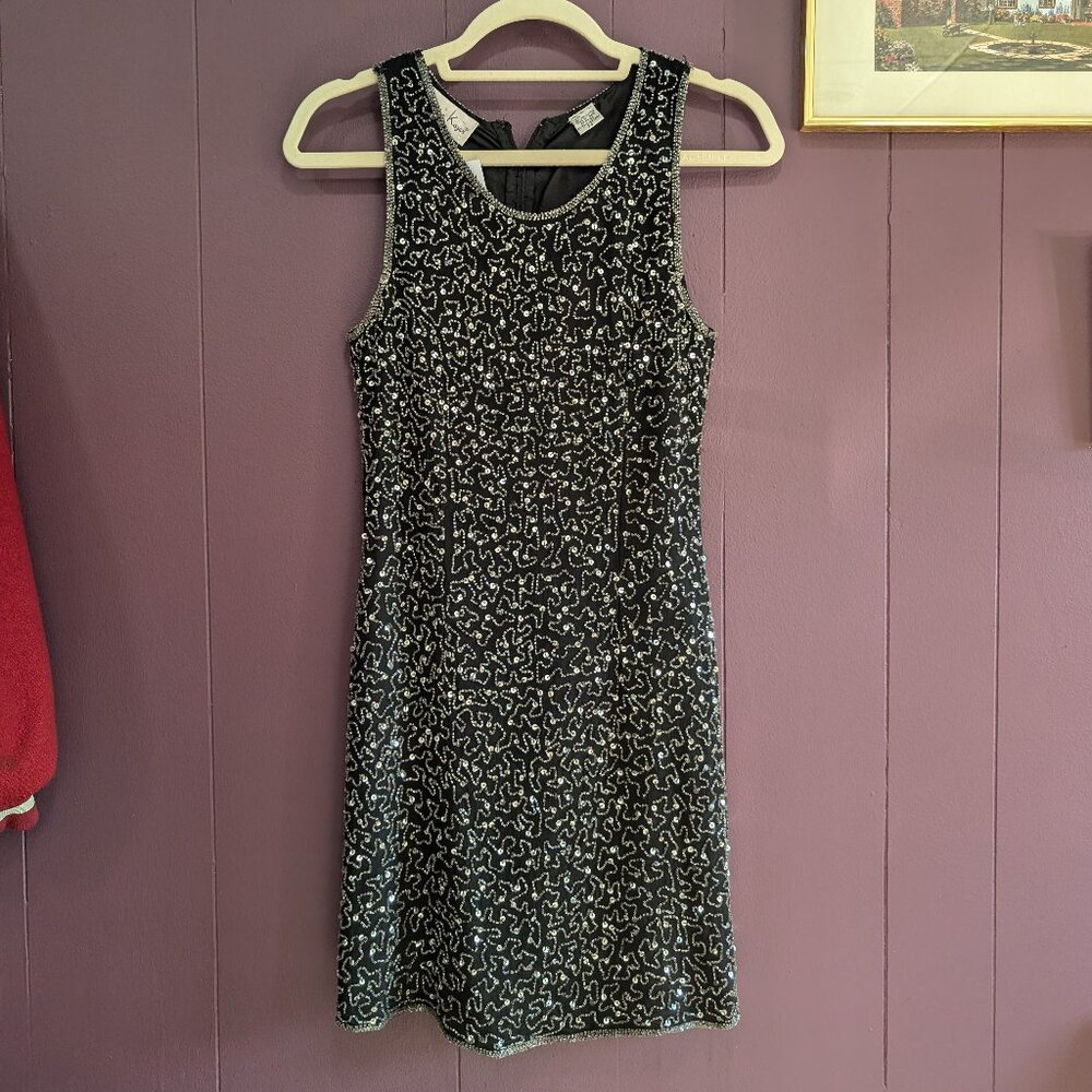 Vintage Laurence Kazar 80s 90s Black Beaded Dress Holiday Party Petite Small XS